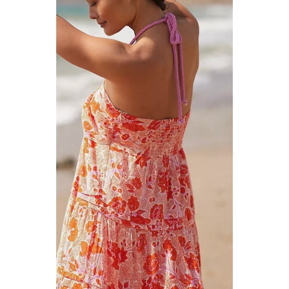 Ro's Garden Denise Halter Tie Gathered Tiered Maxi Dress | Sz XL Pink Black Ikat - Picture 15 of 16